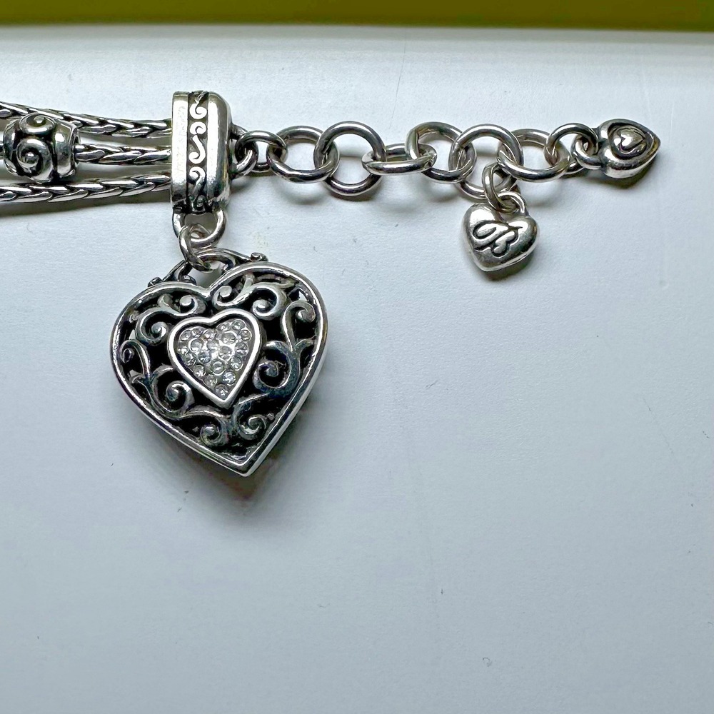 Brighton Silver Plated Reno Heart Triple Strand Heart Charms Clear Crystals - Picture 7 of 7